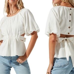 ASTR the label vendetti Elegant White Puff Sleeve Top peplum nwot small linen
